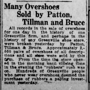 Patton Tillman and Bruce sell record no of overshoes_gvl news Jan 27 1920